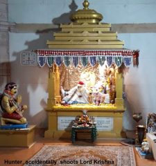 Bhalka Tirth Temple which is 43 km from Somnath Temple, Where Jara mortally wounded Krishna